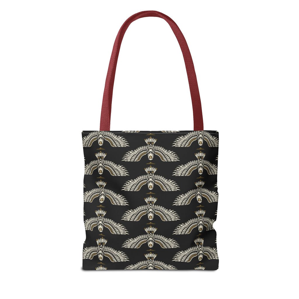 Black tote bag with gold winged scarab pattern and burgundy top handles
