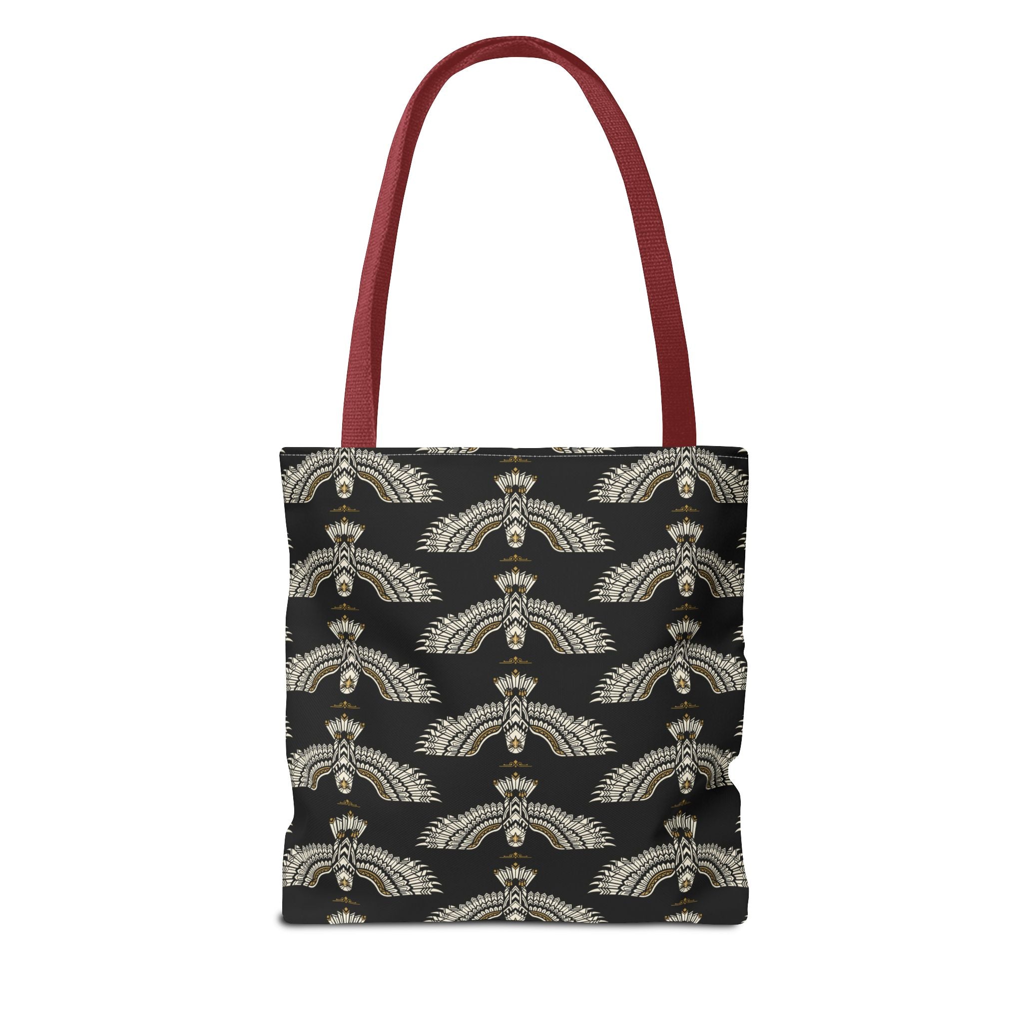 Black tote bag with gold winged scarab pattern and burgundy top handles