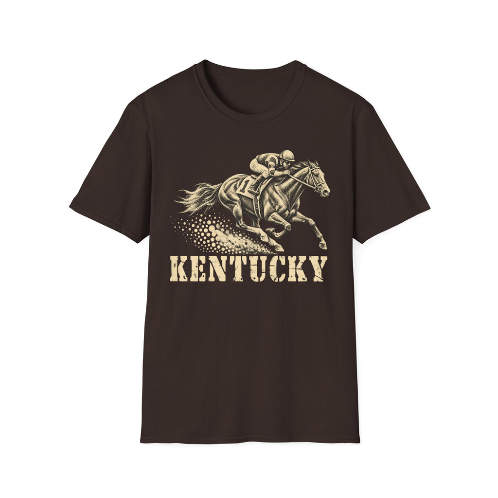 Brown t-shirt with jockey on galloping racehorse and 'KENTUCKY' graphic print