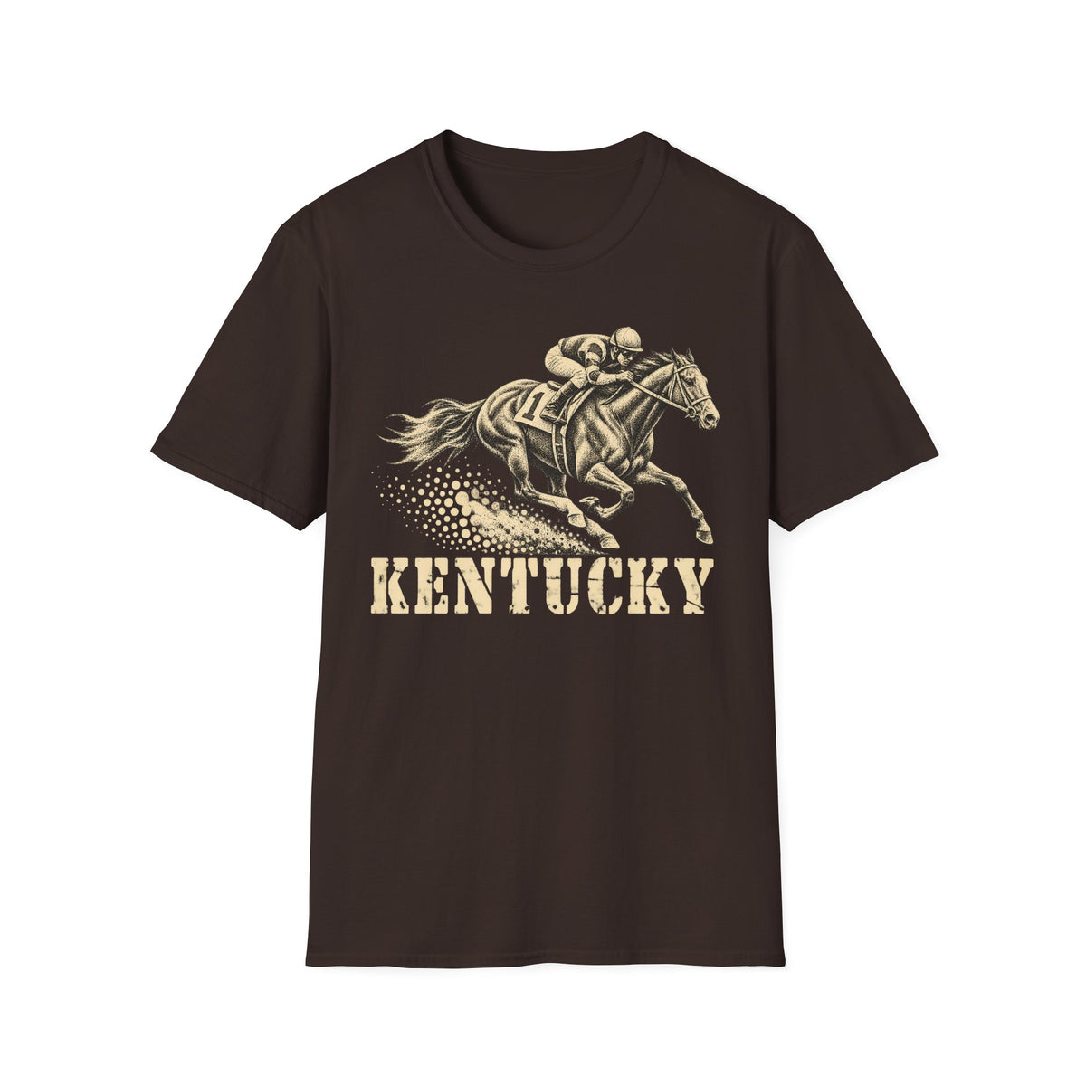 Brown t-shirt with jockey on galloping racehorse and 'KENTUCKY' graphic print