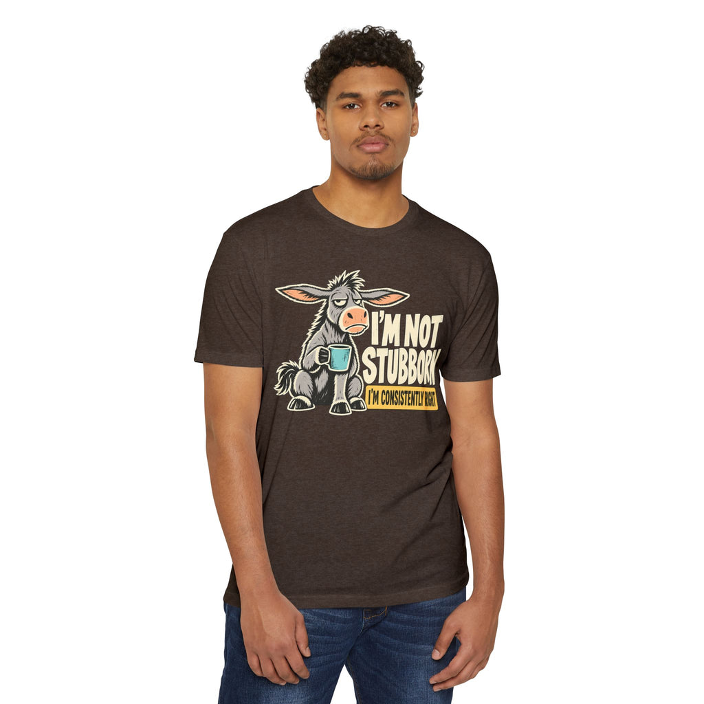 Dark brown T-shirt with donkey coffee graphic and 'I'm not stubborn' text on front