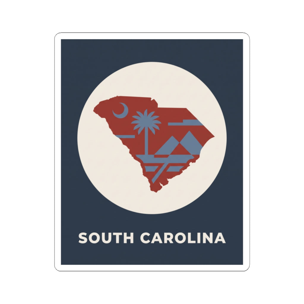 South Carolina map crescent sticker with palm tree icon and “SOUTH CAROLINA” label