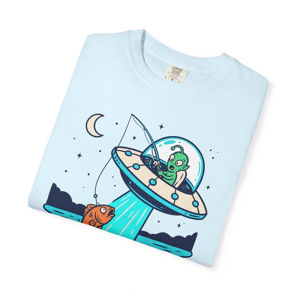 Light blue t-shirt with space alien fishing in a flying saucer graphic
