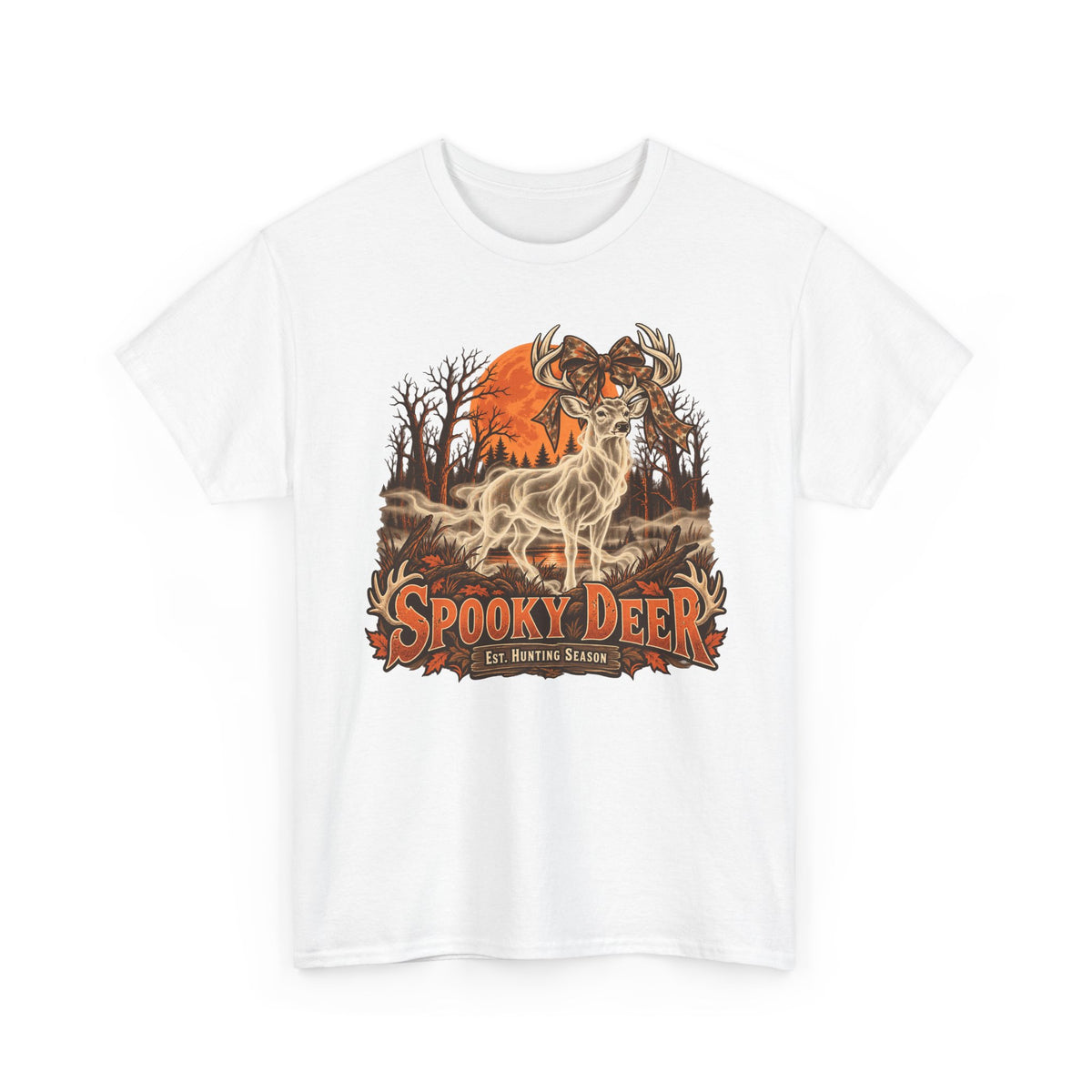White T-shirt with orange ghost deer hunting graphic on chest