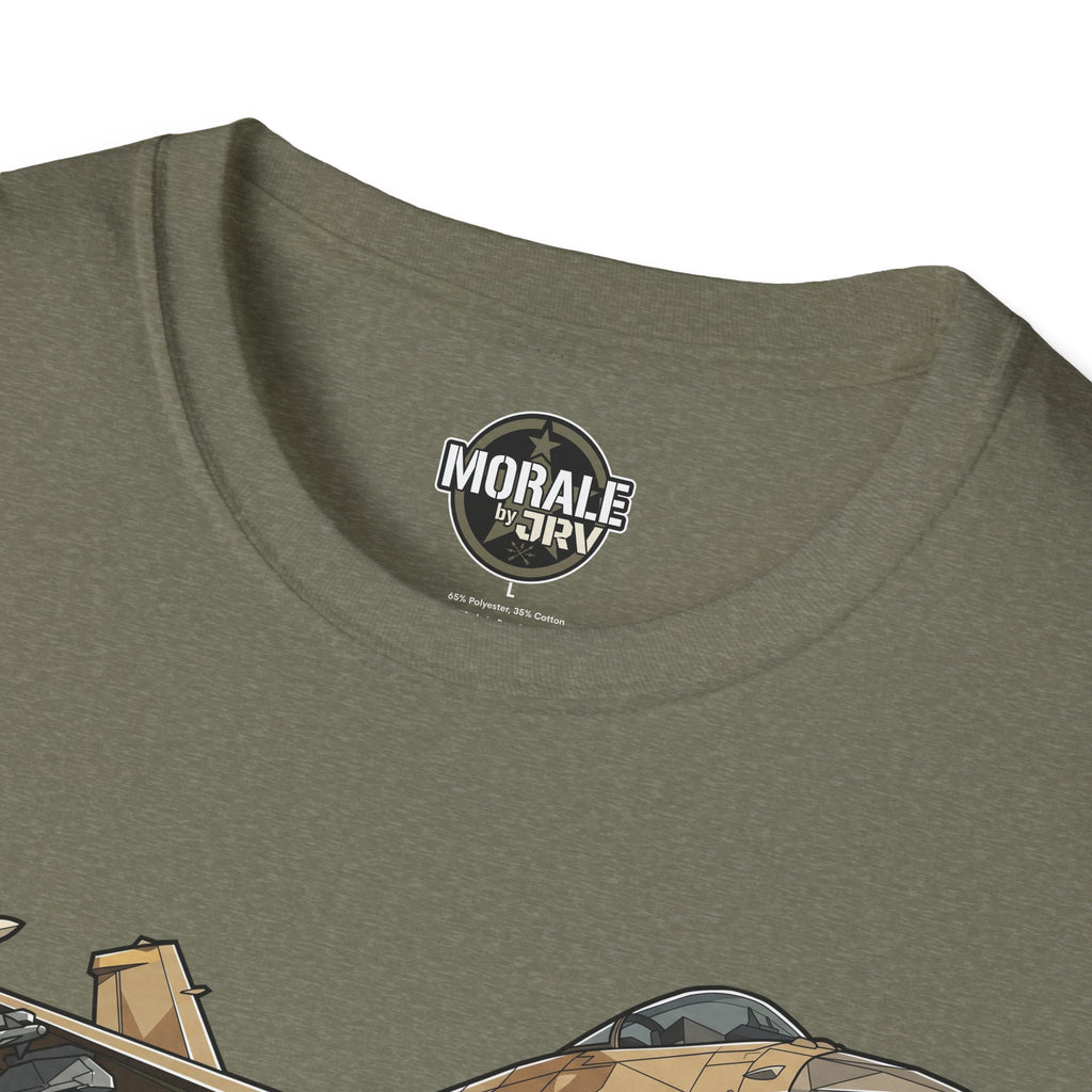 Heather military green T-shirt collar with circular brand logo; partial camouflage jet graphic