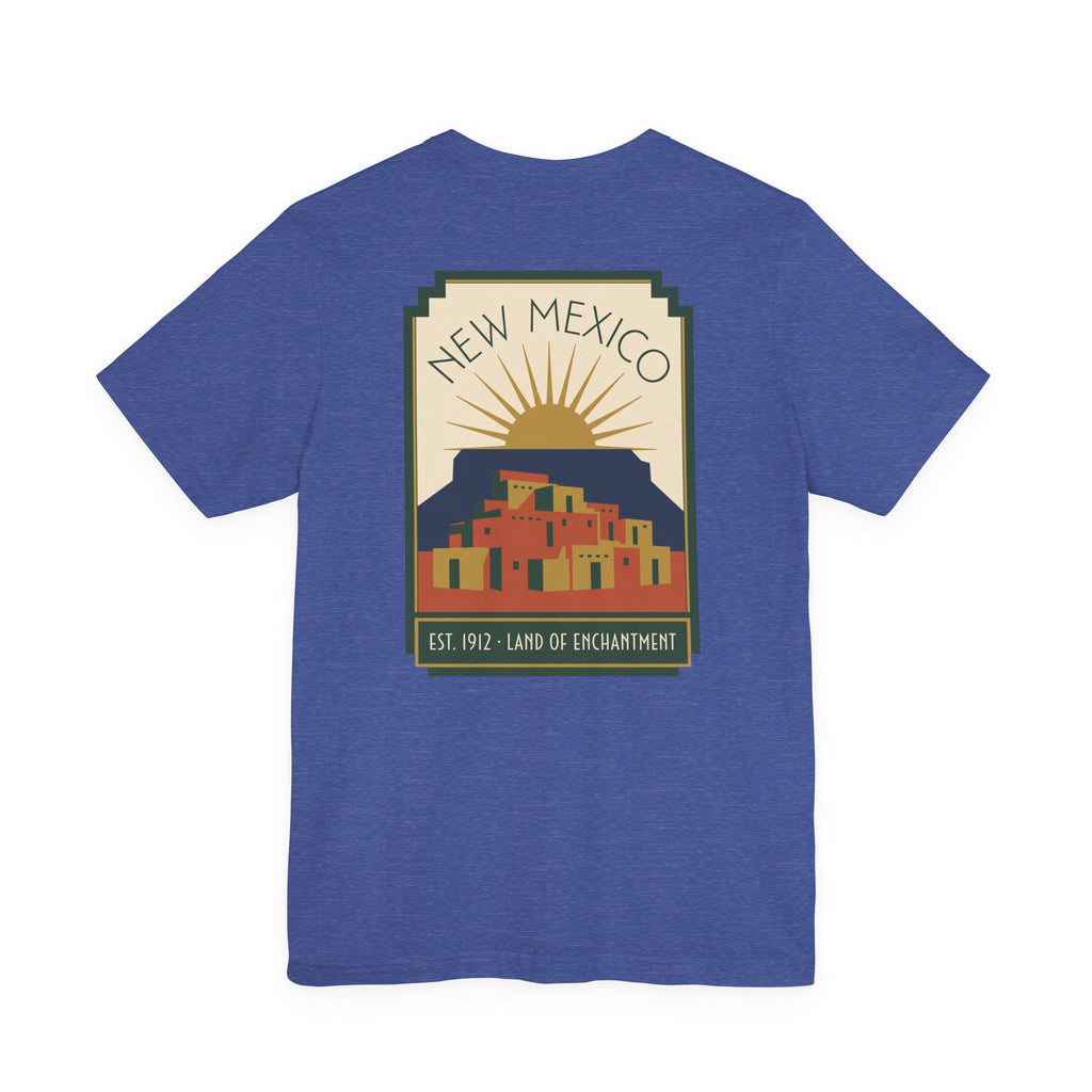 Blue T-shirt with New Mexico sunset Pueblo art graphic in a square frame