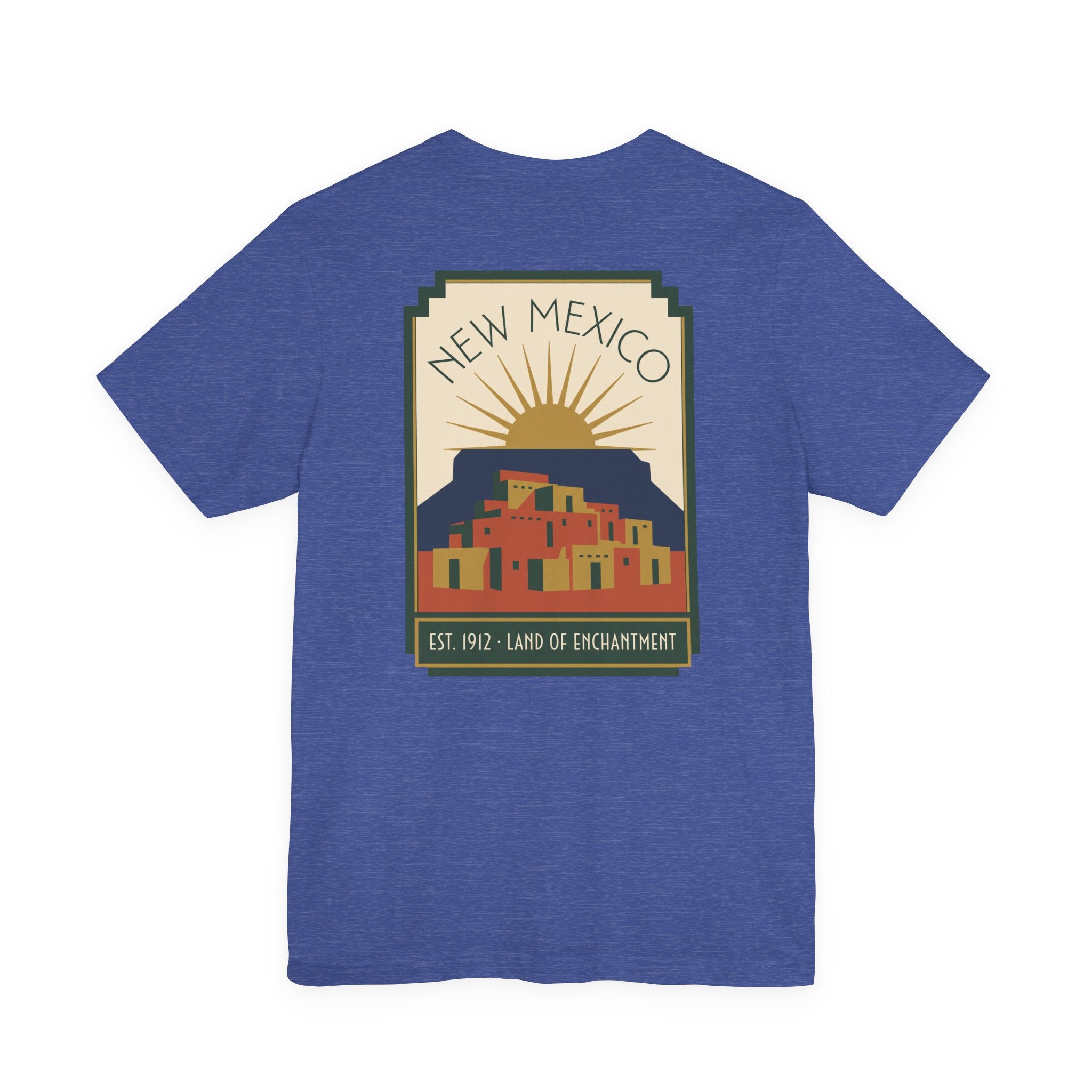 Blue T-shirt with New Mexico sunset Pueblo art graphic in a square frame
