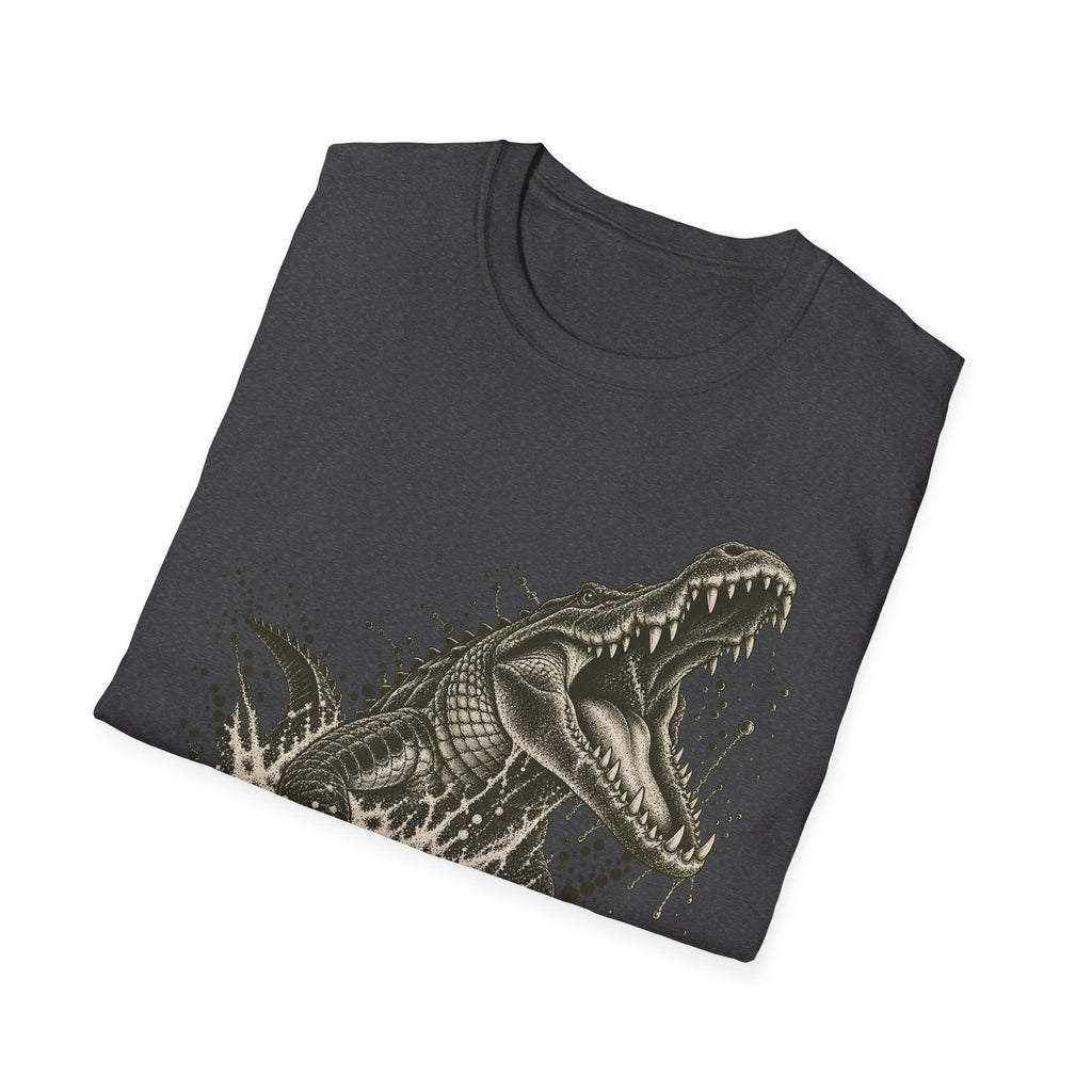 Dark gray alligator graphic T-shirt with lunging swamp alligator print