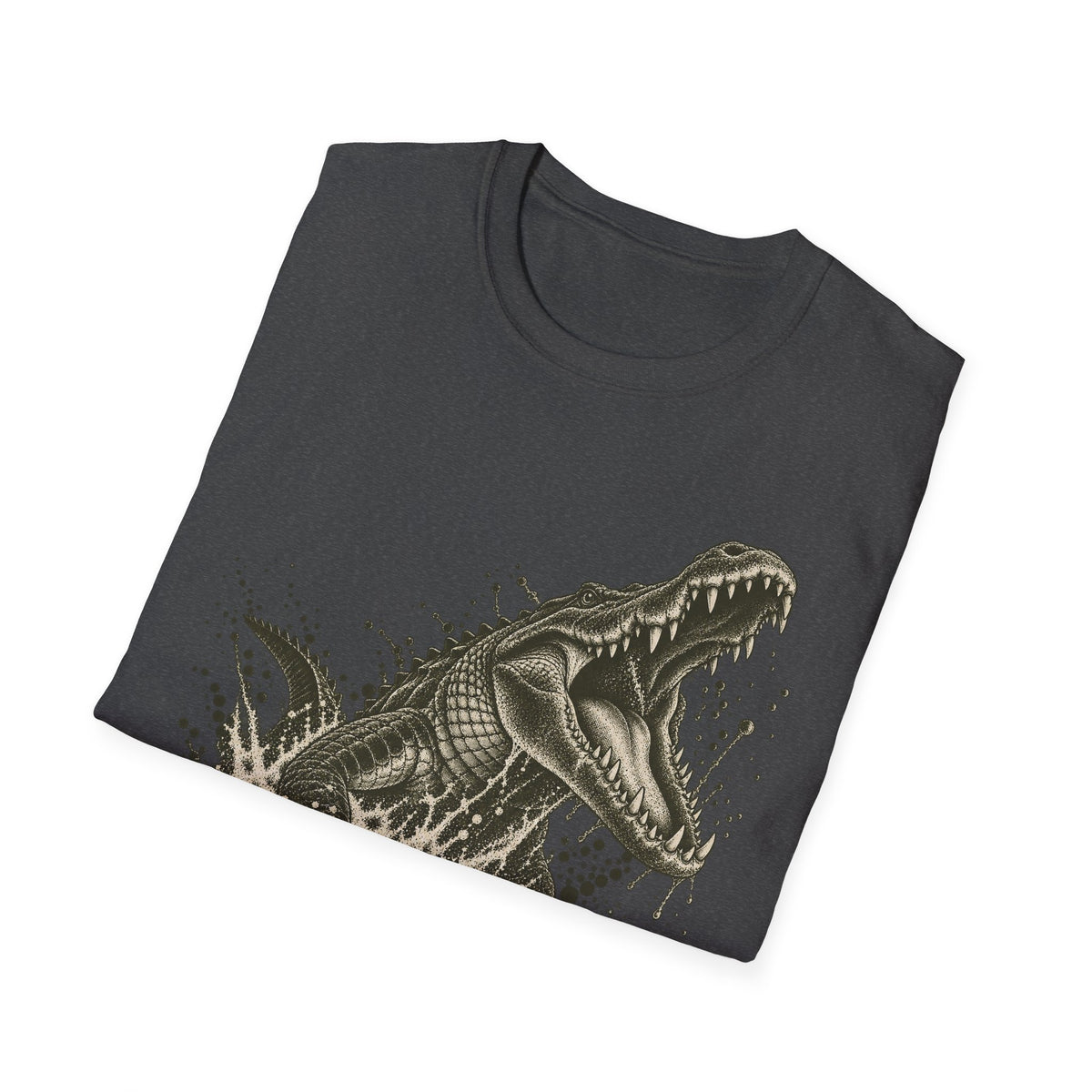 Dark gray alligator graphic T-shirt with lunging swamp alligator print