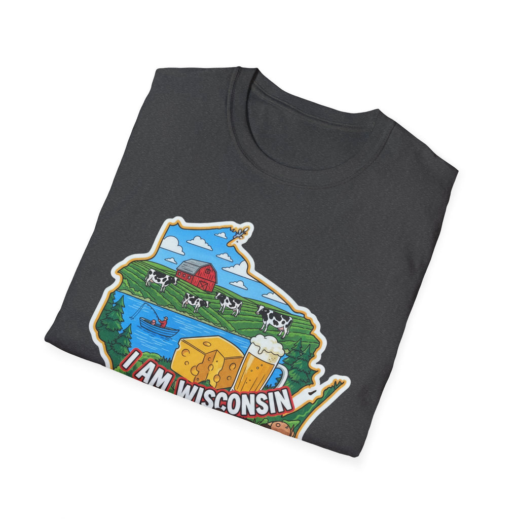 Charcoal black Wisconsin state map T-shirt with dairy farm and “I AM WISCONSIN” graphic
