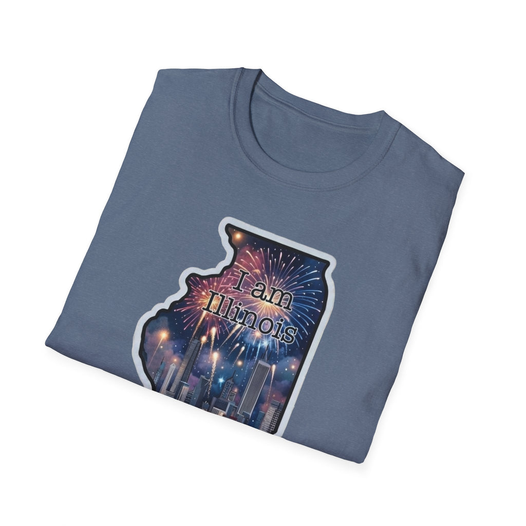 Illinois state map skyline T-shirt, blue-gray with “I am Illinois” fireworks graphic