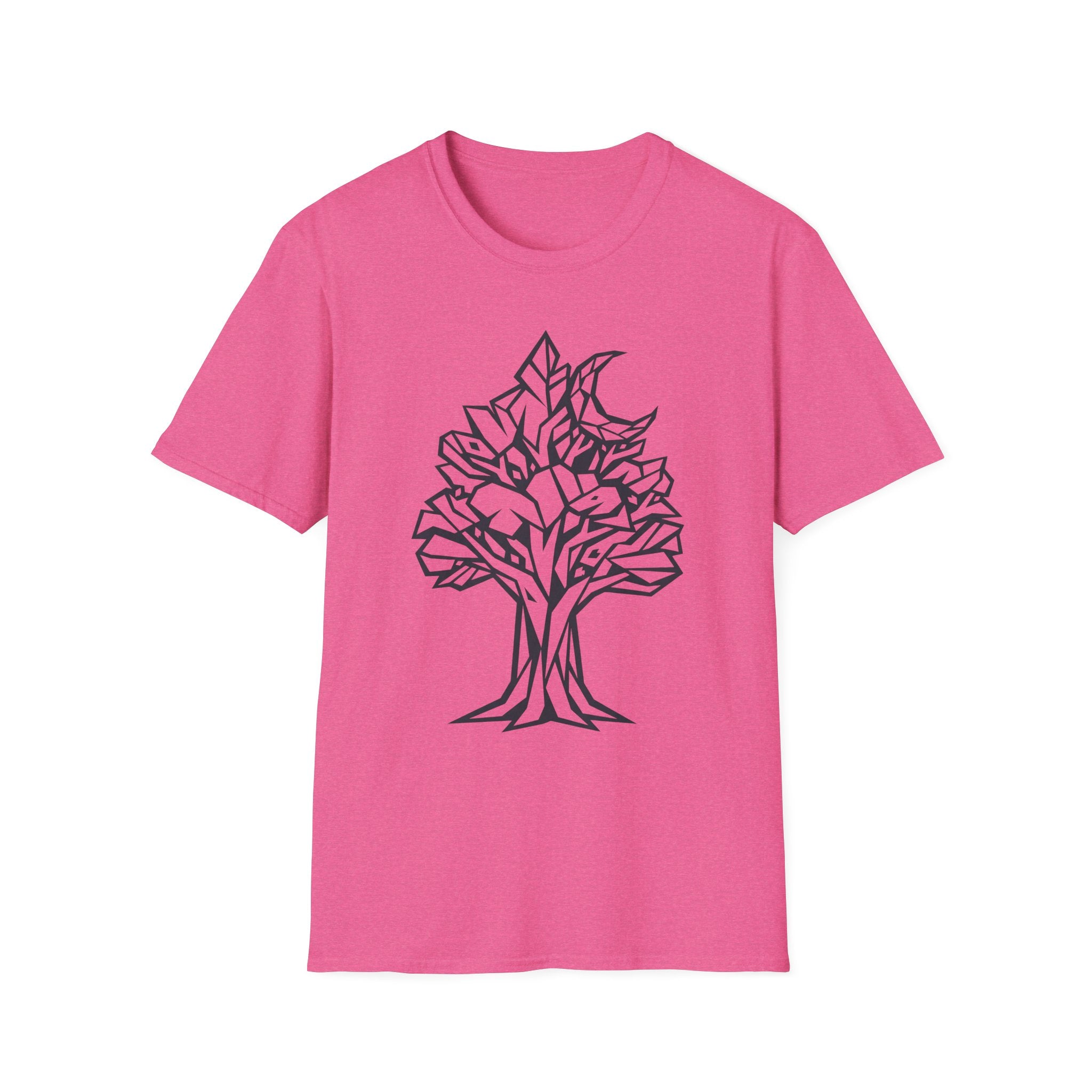 Pink T-shirt with geometric tree moon botanical line art graphic on chest