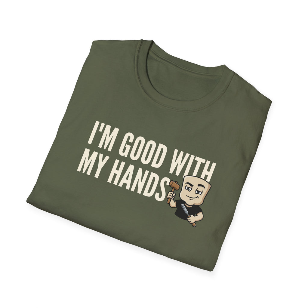 Dark olive T-shirt with crew neck, 'I'M GOOD WITH MY HANDS' print and cartoon builder
