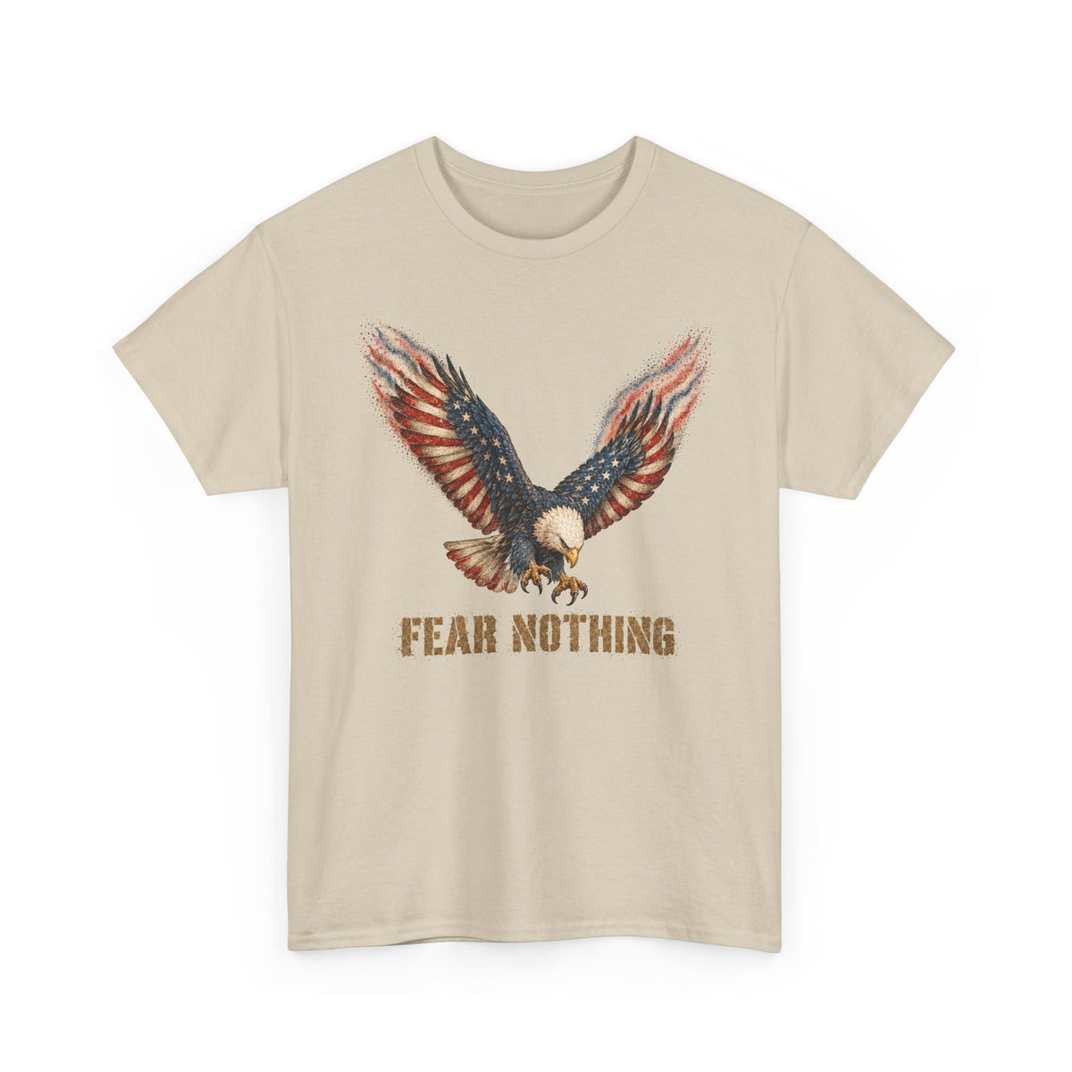 Beige t-shirt with eagle graphic and “FEAR NOTHING” text on front