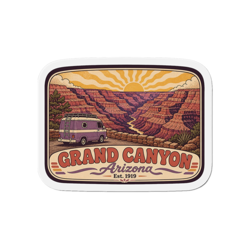 Die-cut magnet featuring Grand Canyon Arizona text, retro van, and desert canyon scene
