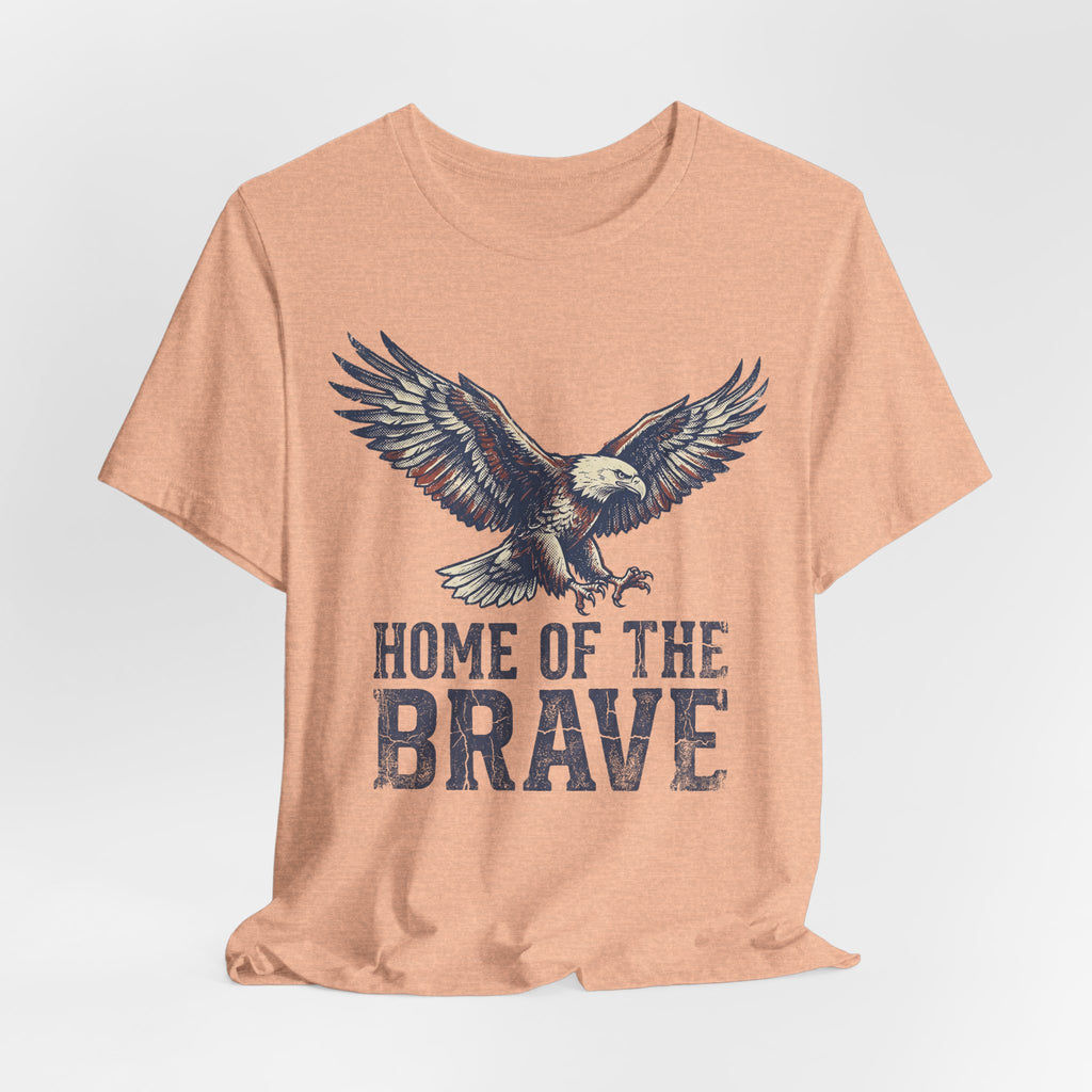 Heather peach crew-neck T-shirt with bald eagle and 'HOME OF THE BRAVE' text
