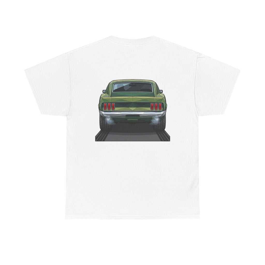 White muscle car graphic T-shirt with front view illustration centered on back
