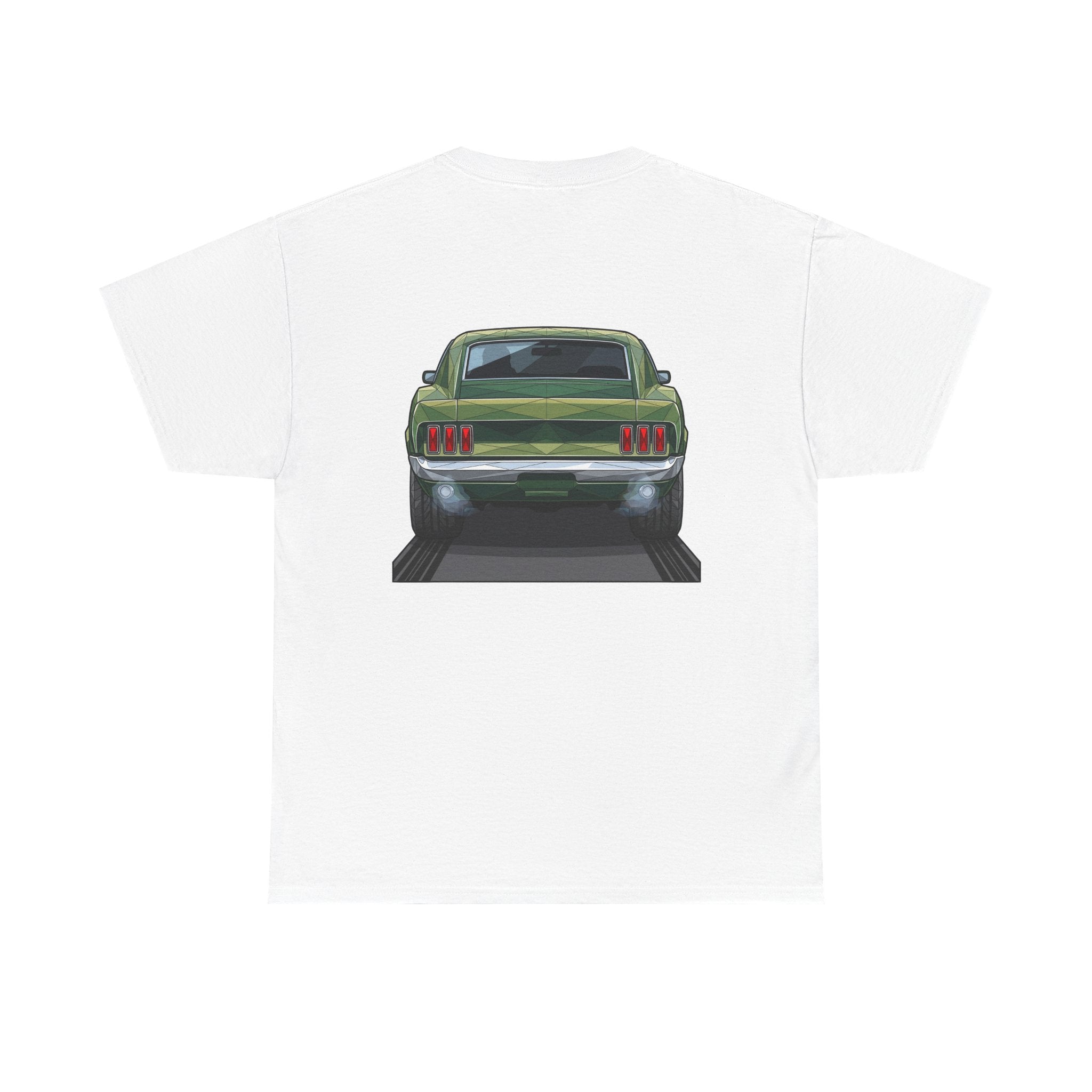 White muscle car graphic T-shirt with front view illustration centered on back