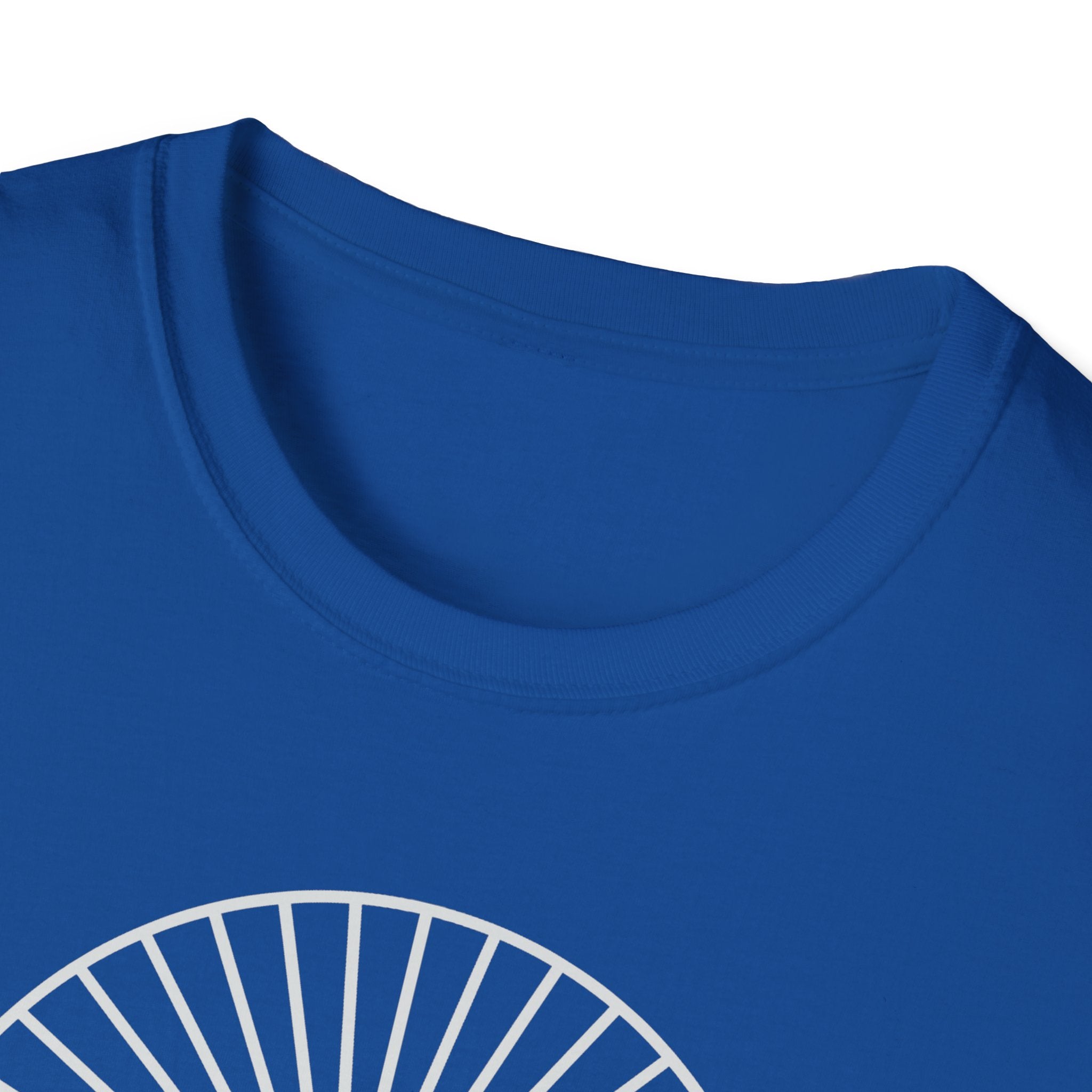 Royal blue unisex T-shirt with crew neck and partial sunburst graphic