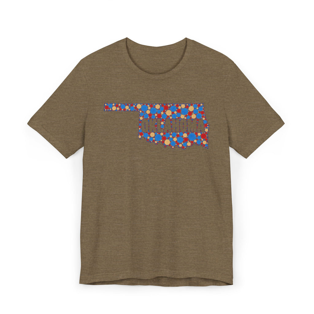 Brown heather T-shirt with colorful Oklahoma floral map graphic across chest