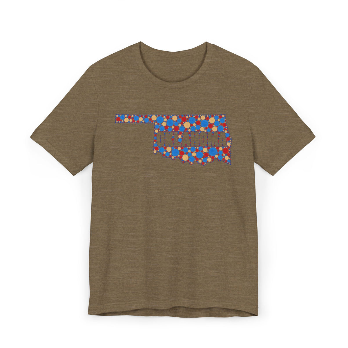 Brown heather T-shirt with colorful Oklahoma floral map graphic across chest
