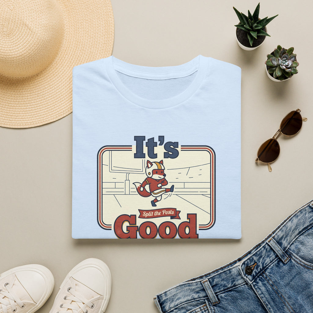 Light blue T-shirt with vintage skate fox graphic and “It’s Good” slogan centered