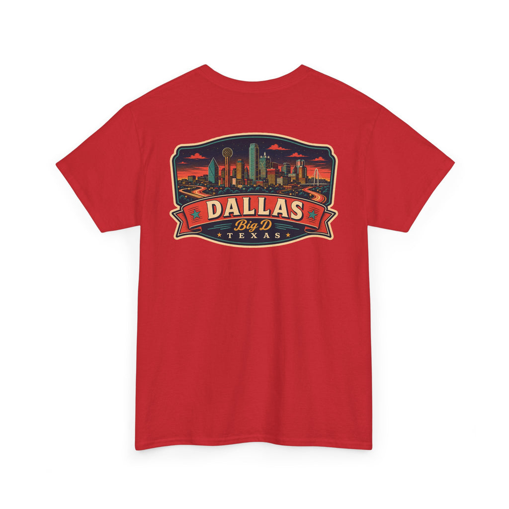 Red crewneck T-shirt with Dallas skyline luggage tag graphic on chest