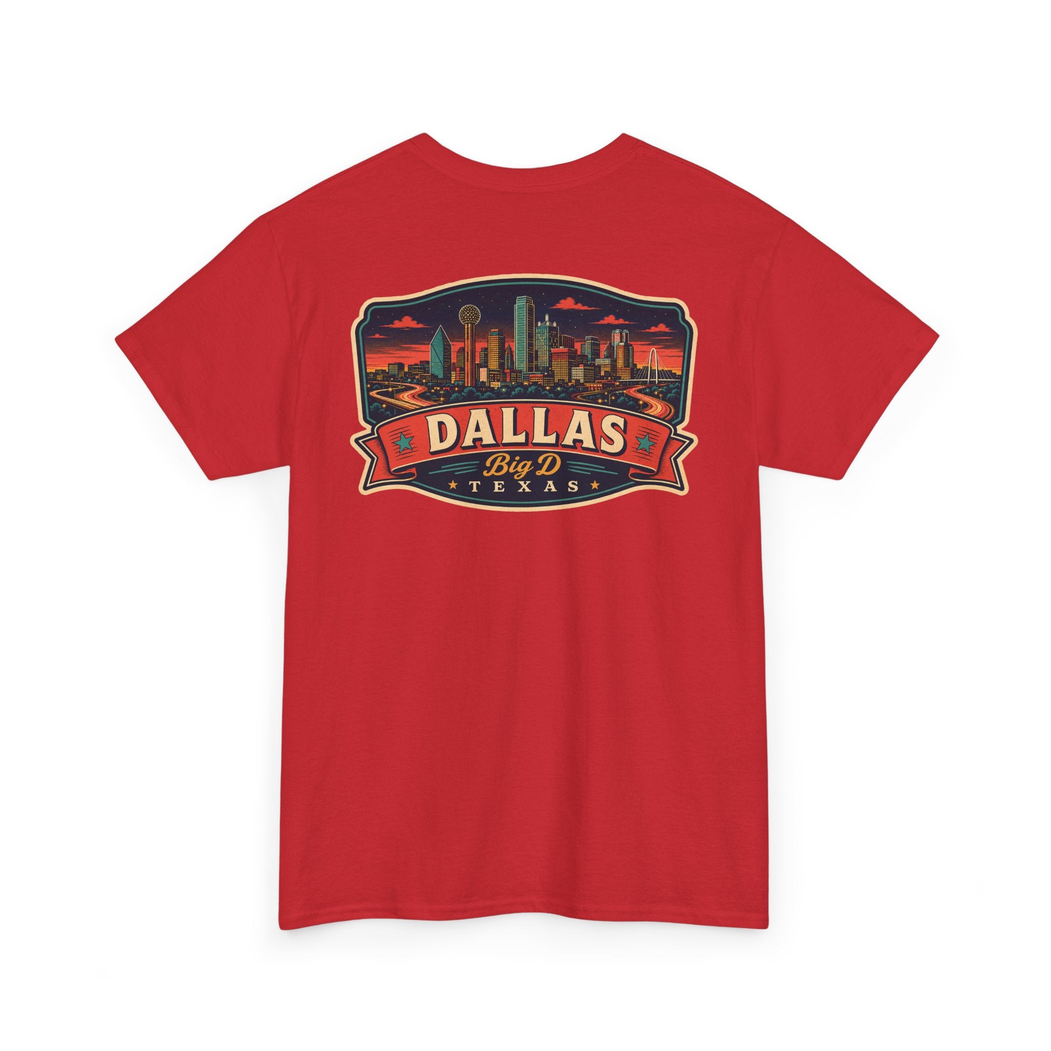 Red crewneck T-shirt with Dallas skyline luggage tag graphic on chest