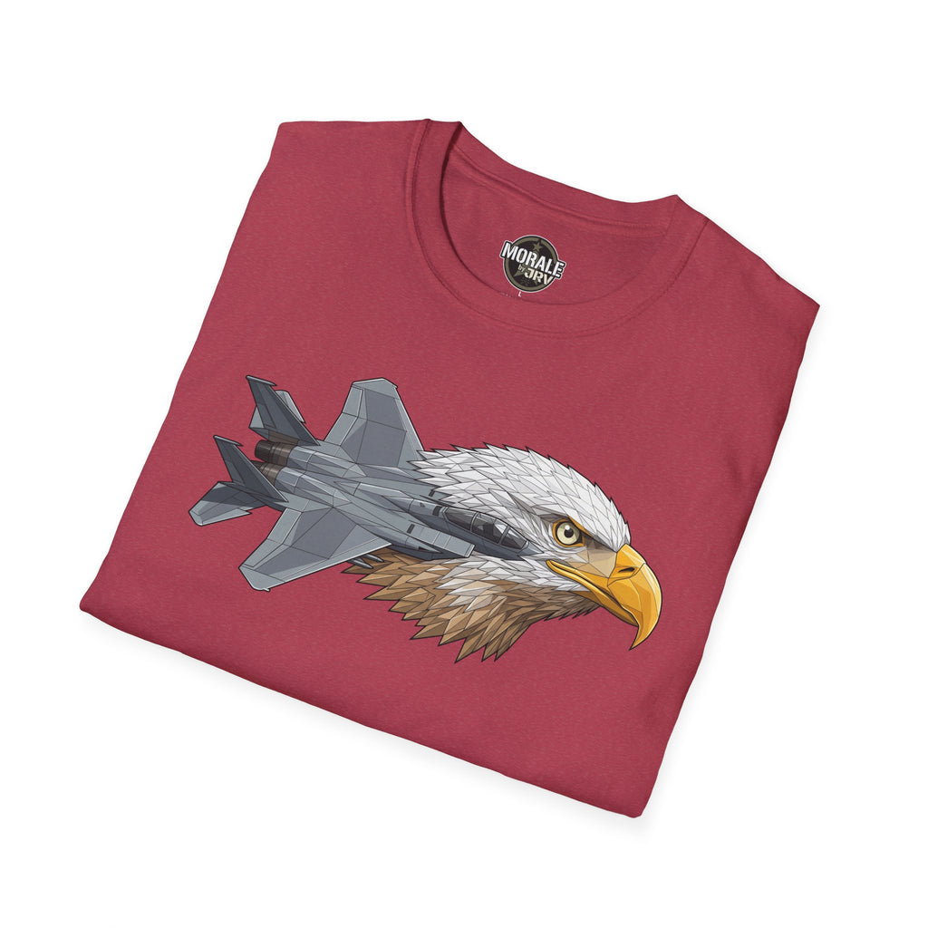 Dunkelrotes T-Shirt mit Adlerkopf und grauem Kampfjet-Print