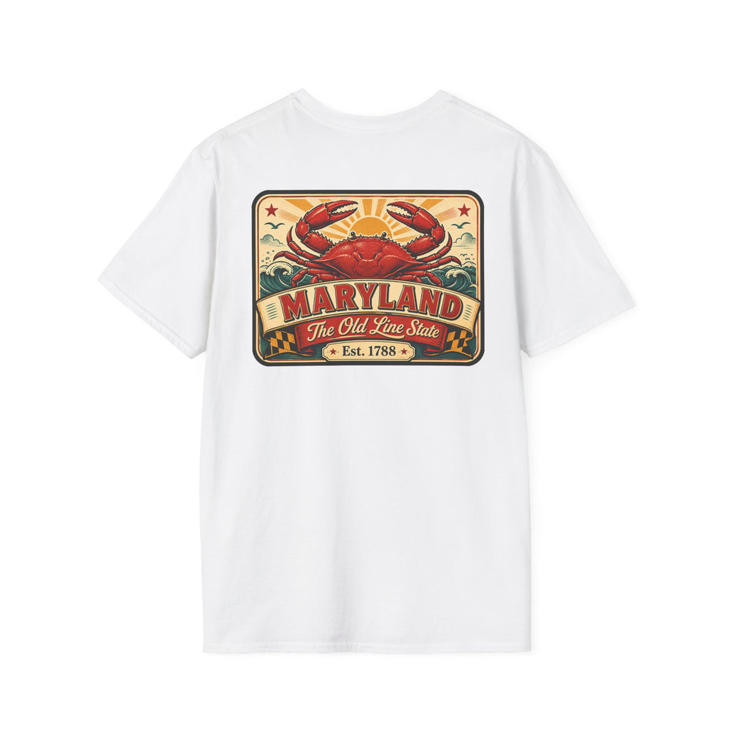 White T-shirt with rectangular crab and Maryland graphic on the chest