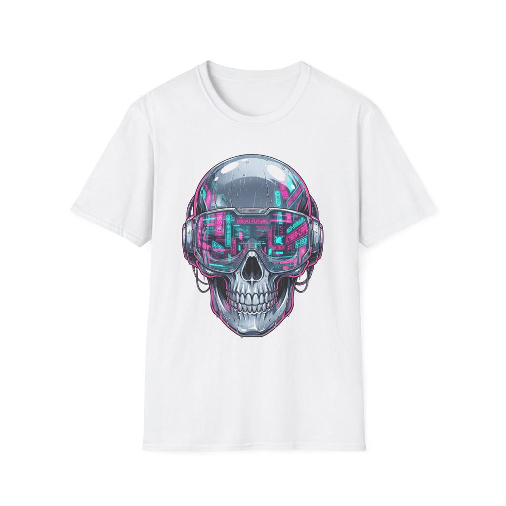 White T-shirt, cyberpunk chrome skull with neon visor graphic