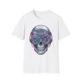 White T-shirt, cyberpunk chrome skull with neon visor graphic