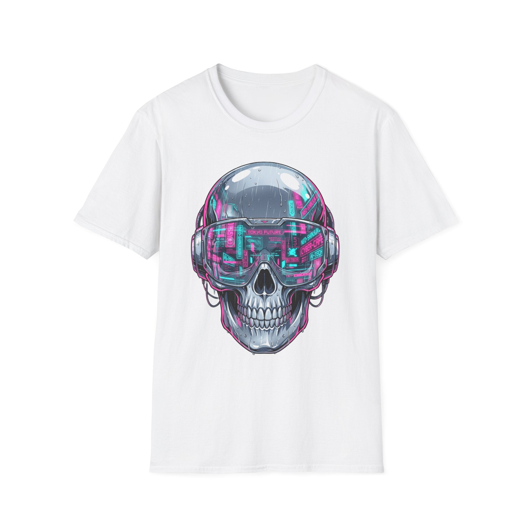 White T-shirt, cyberpunk chrome skull with neon visor graphic