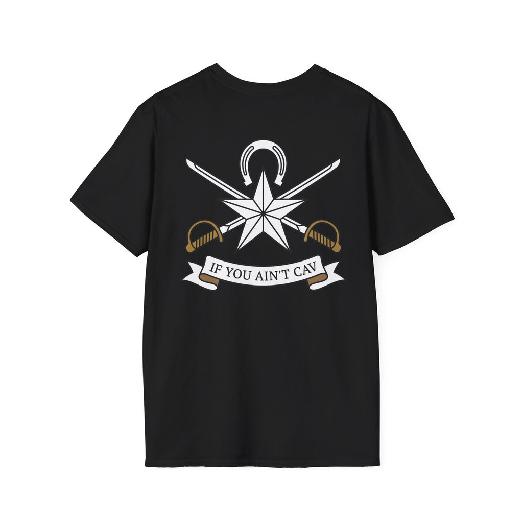 Black T-shirt with crew neck and back graphic of star, crossed swords, and ribbon