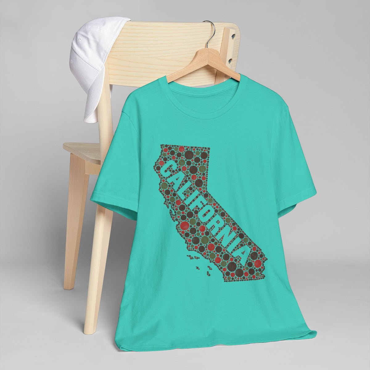Crewneck t-shirt in teal with colorful floral California map graphic on front