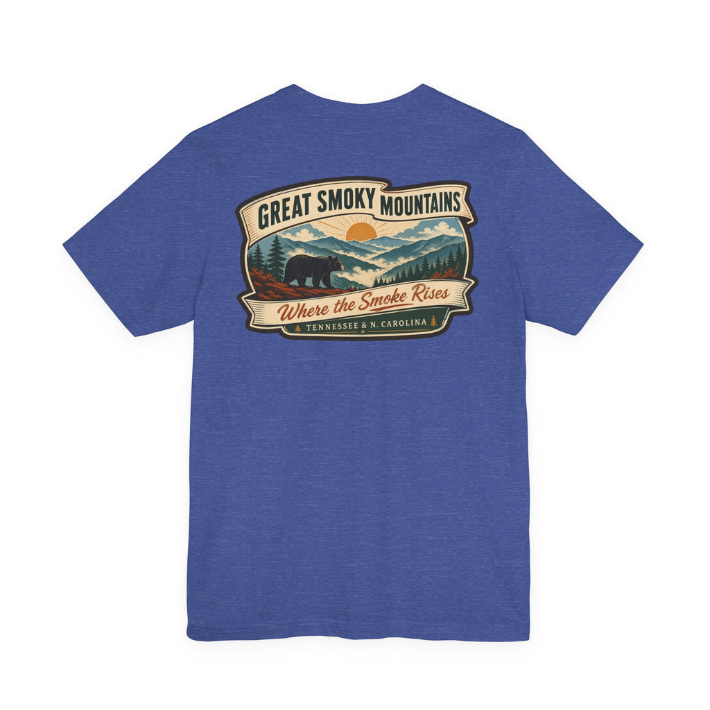 Royal blue T-shirt with large Great Smoky Mountains scenic badge graphic