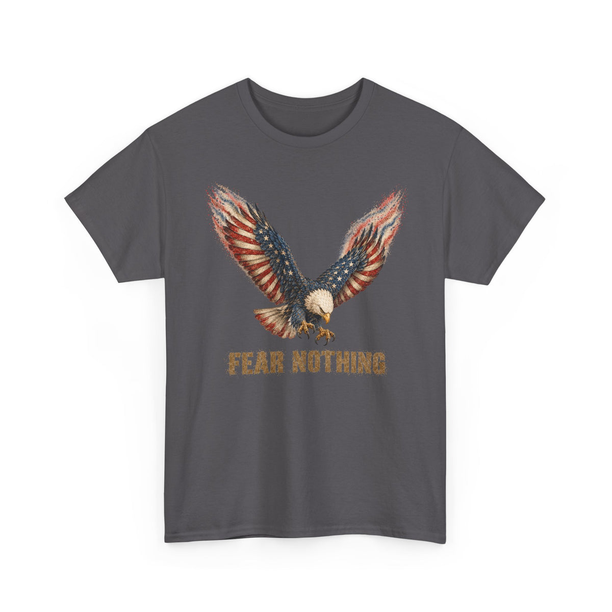 Dark gray t-shirt with eagle graphic and “FEAR NOTHING” text on front