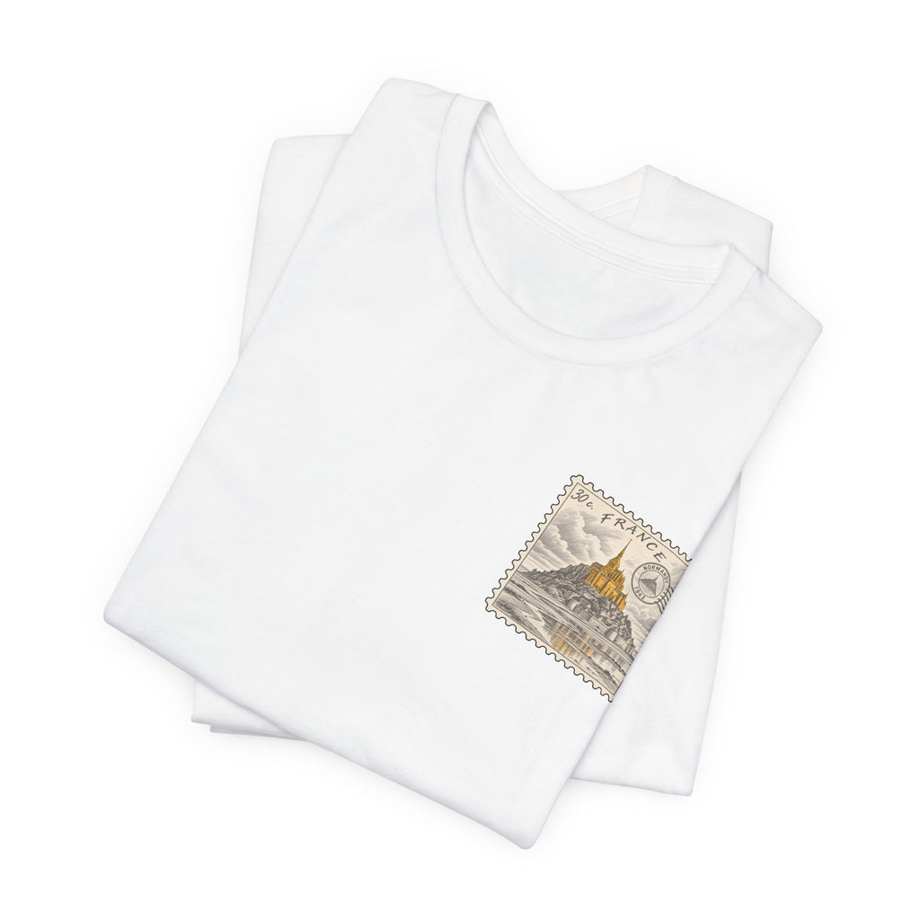 White short-sleeve T-shirt with vintage postage stamp graphic on the chest