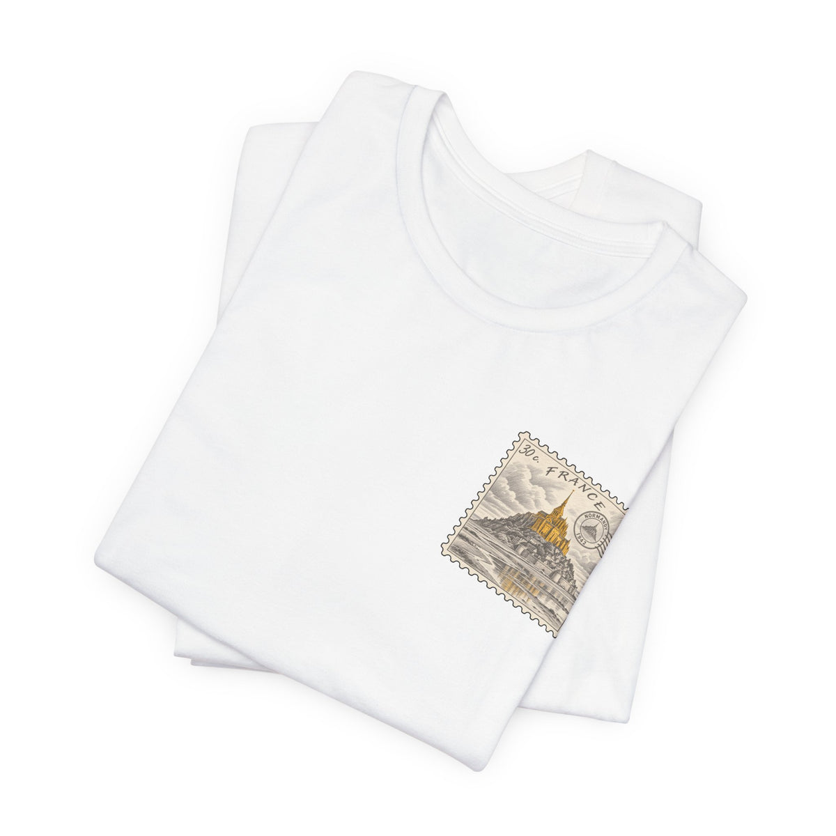 White short-sleeve T-shirt with vintage postage stamp graphic on the chest