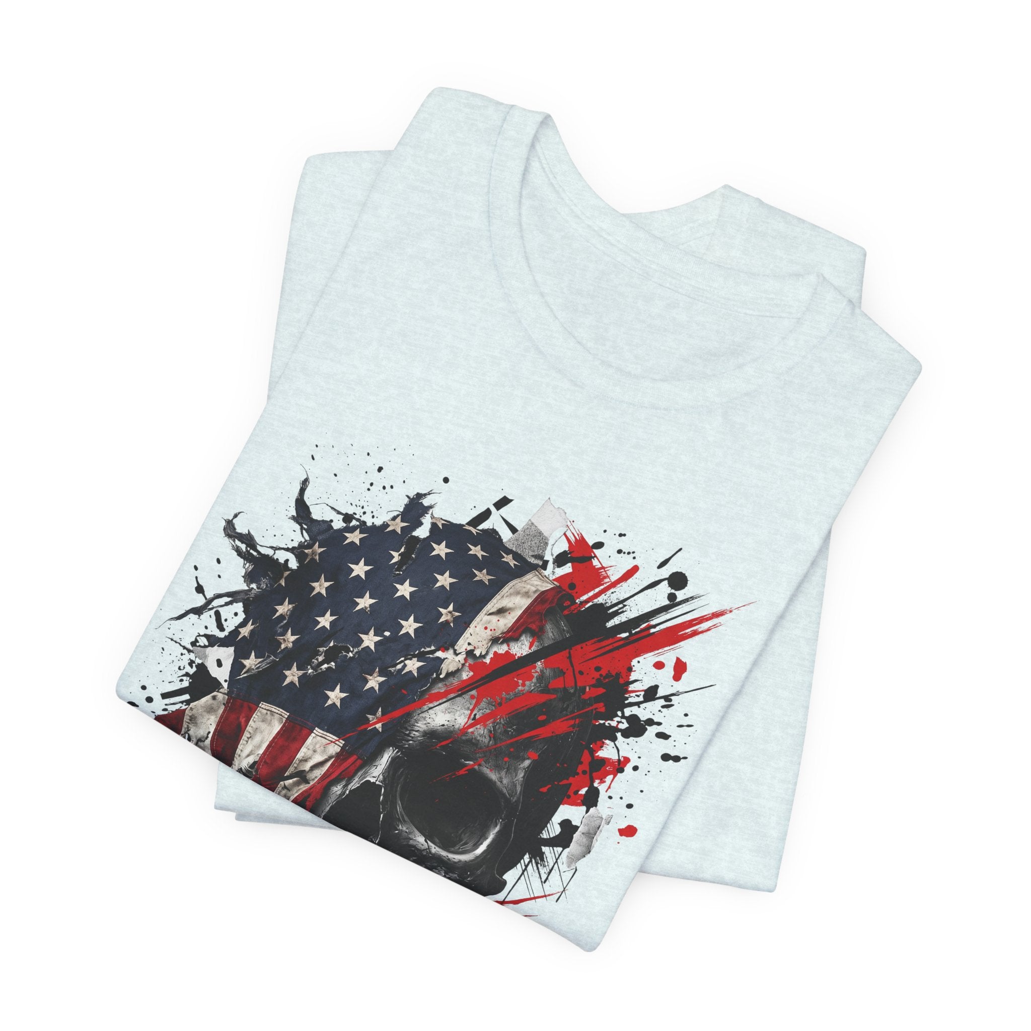 Light blue crewneck T-shirt with patriotic skull flag graphic in red, white, and blue