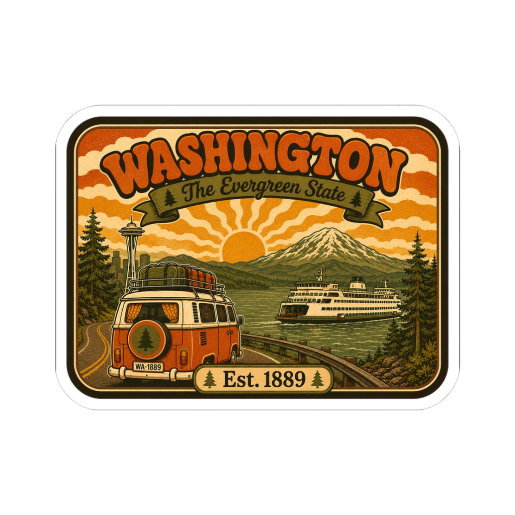 Kiss-cut Washington vintage sticker, rounded rectangle with white border and bus, mountains art