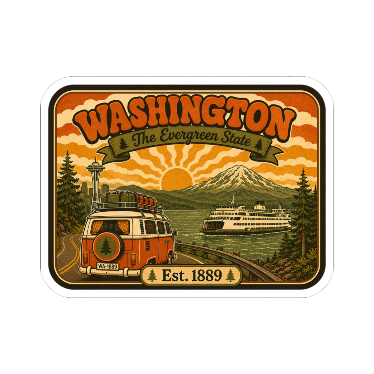 Kiss-cut Washington vintage sticker, rounded rectangle with white border and bus, mountains art