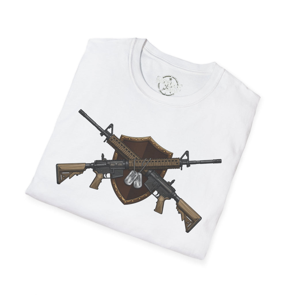 White t-shirt with large tactical rifle graphic across the front