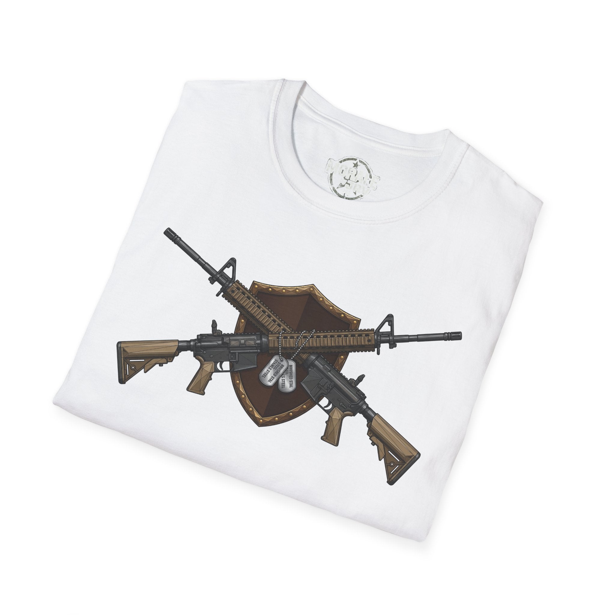 White t-shirt with large tactical rifle graphic across the front