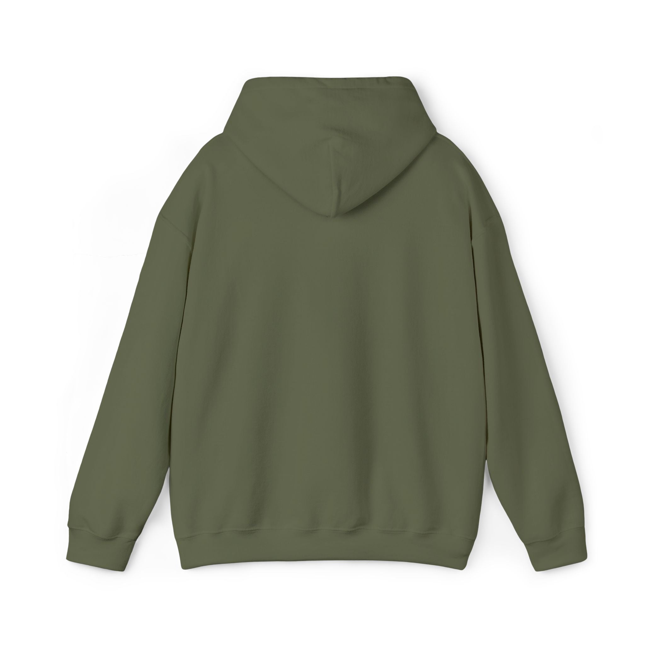 Unisex pullover hoodie, olive green, hooded back view with ribbed cuffs and hem
