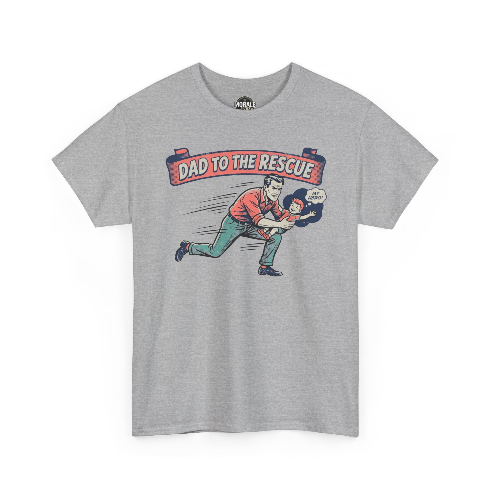 Dad to the Rescue T-Shirt (Sport Grey) front print: dad saving child with logo ribbon