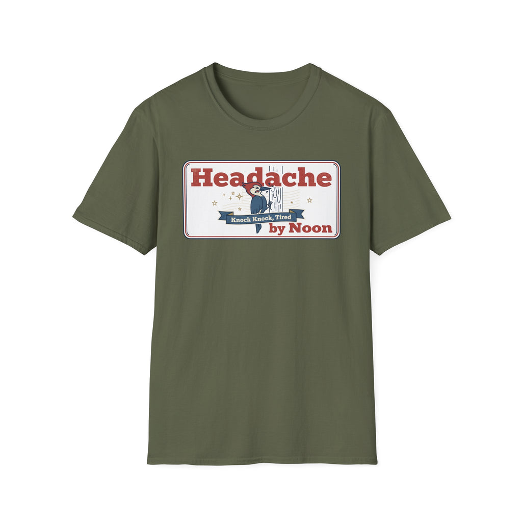Olive green T-shirt with 'Headache by Noon' nurse graphic, crew neck front
