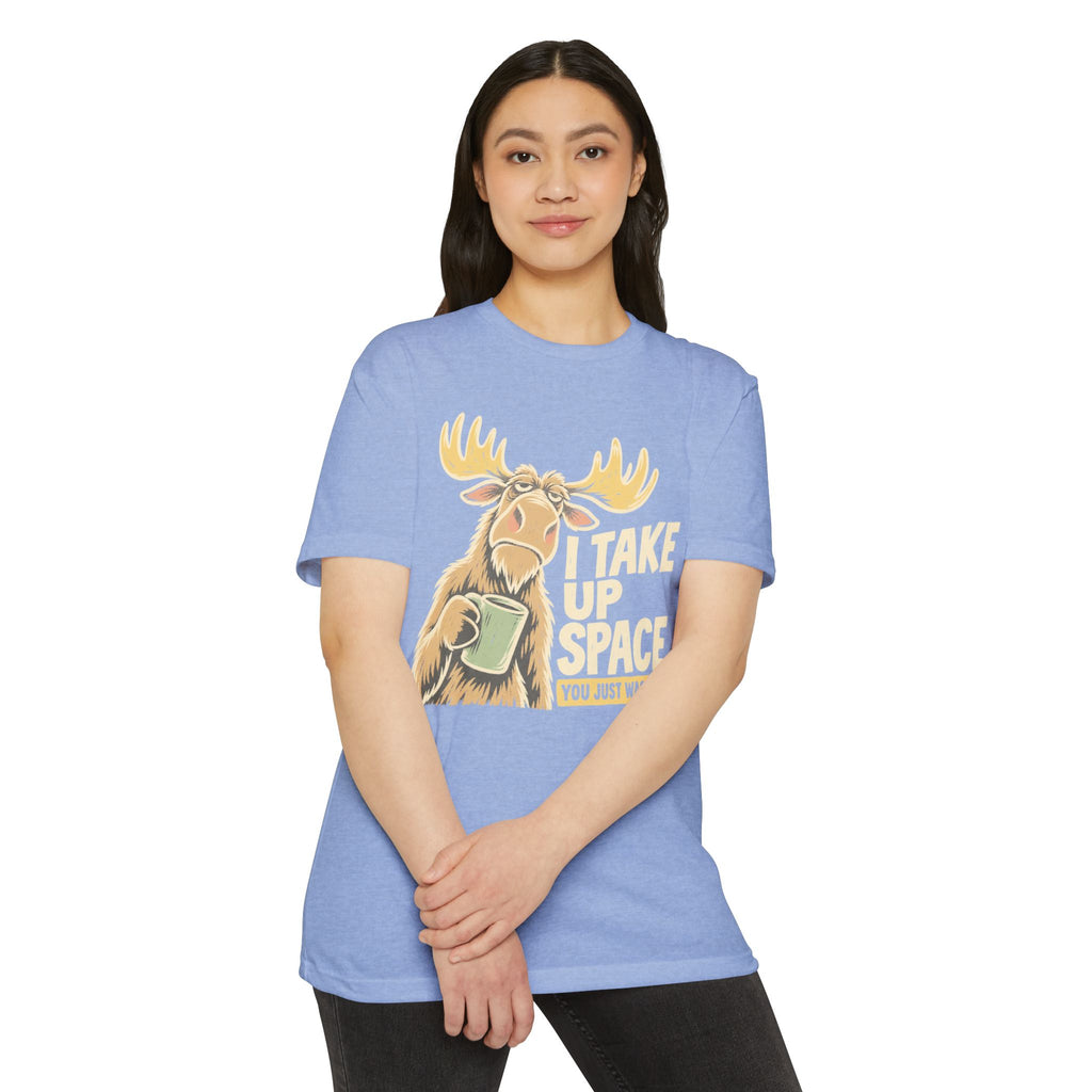Light blue crewneck t-shirt with moose space graphic and stacked slogan print