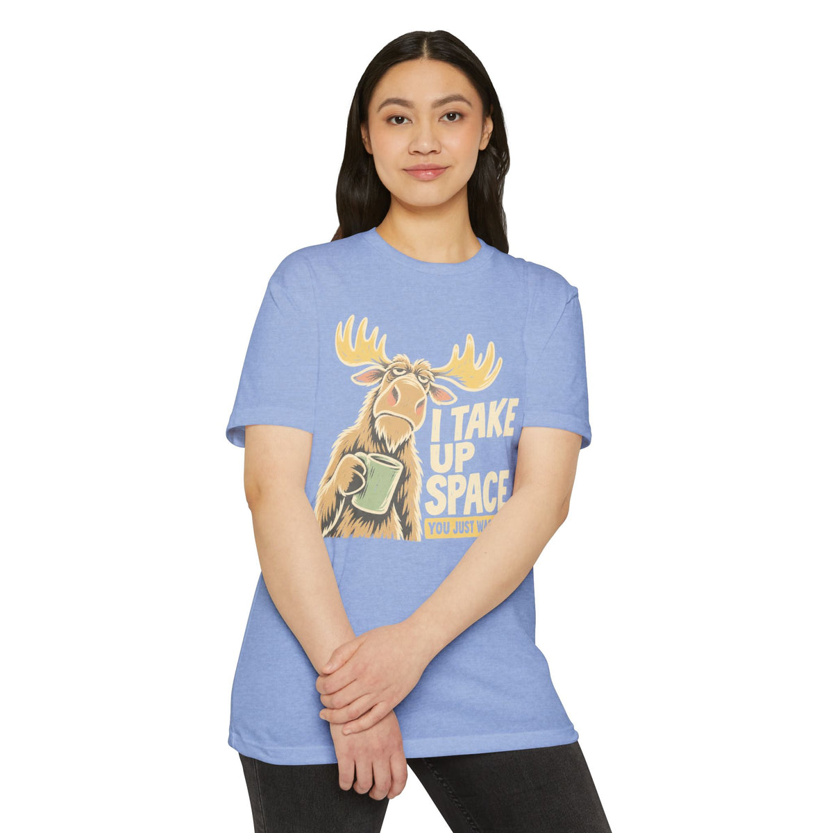 Light blue crewneck t-shirt with moose space graphic and stacked slogan print