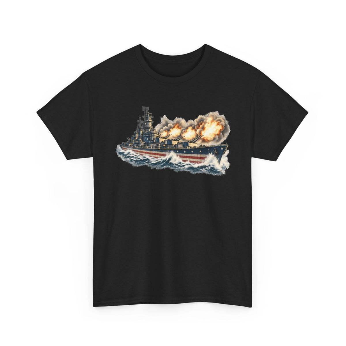 Black crew-neck T-shirt with colorful battleship firing broadside graphic